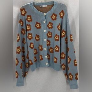 Zara Retro Cardigan Sweater Blue with Orange Flowers